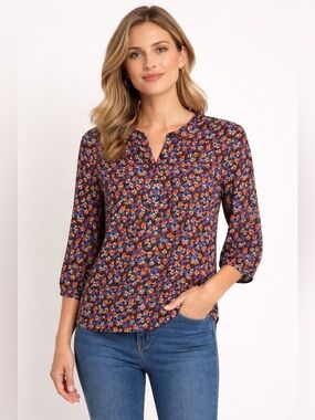 NYDJ Navy Floral Split-Neck Blouse with Multi-Color Print